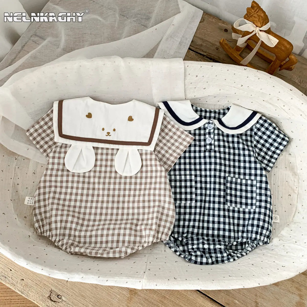 Summer New In Infant Baby Girls Short Sleeve Plaid Bear Outwear Kids Cotton Clothing One-pieces Newborn Cute Bodysuits 유아복