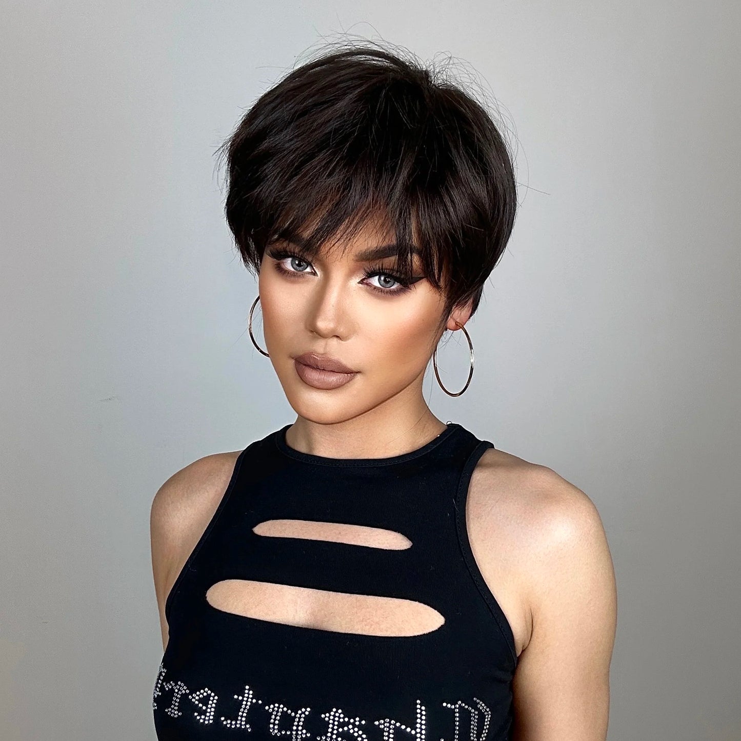 Pixie Cut Wigs for Women Natural Synthetic Short Black Layered Hair Wig with Fluffy Bangs Afro Daily Heat Resistant