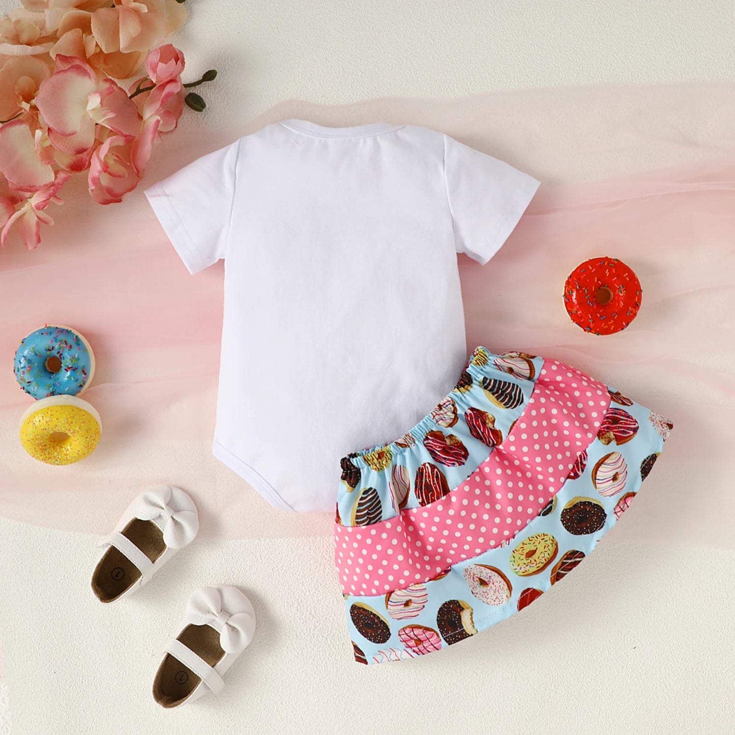 Newborn Baby Girl Summer Letter Sweet Short Sleeved Triangle Climbing Suit + Donut Dot Patchwork Short Skirt