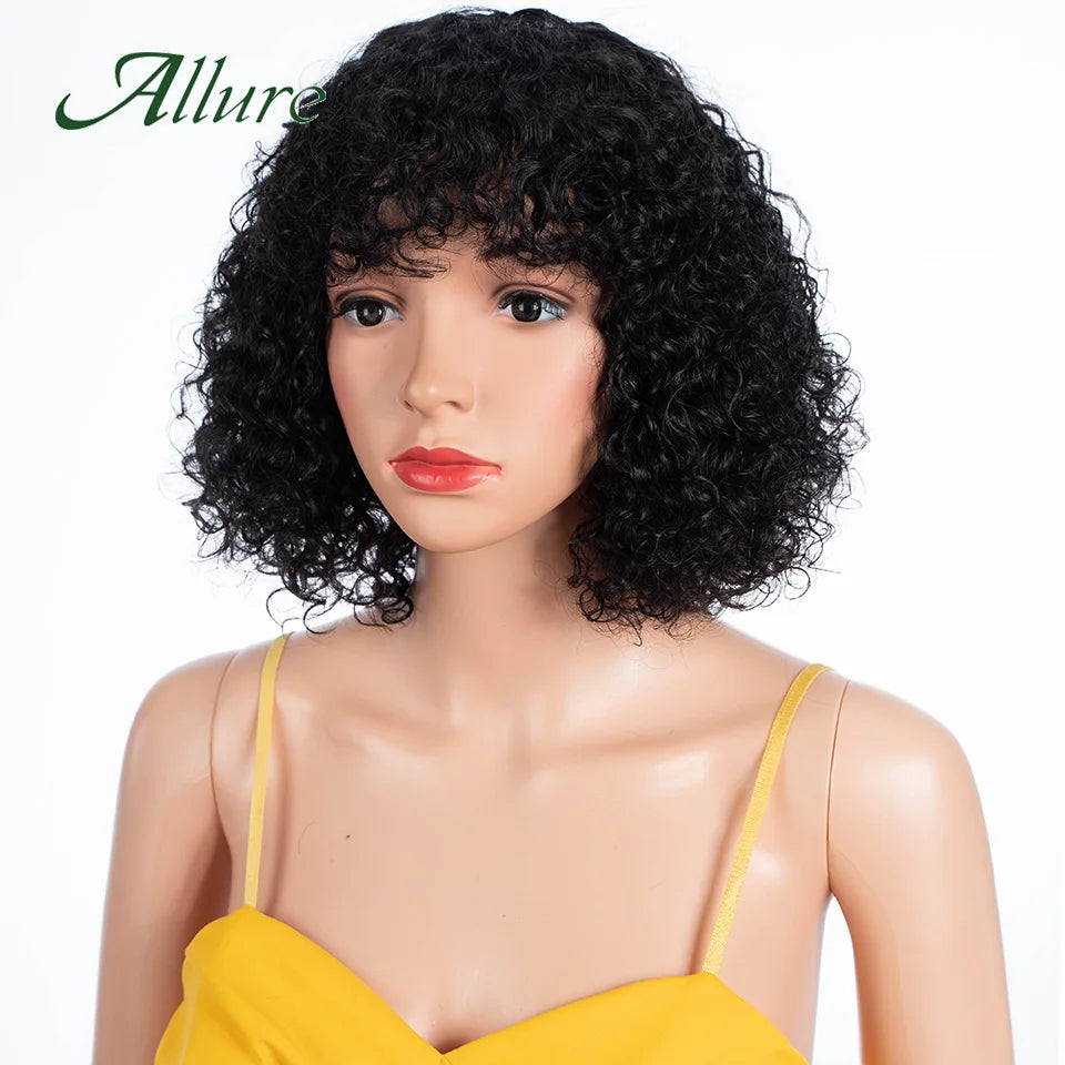 Natural Jerry Curly Wig With Bangs Human Hair Wigs Black Women Short Colored Burgundy Brown Glueless Brazilian Remy Hair Allure