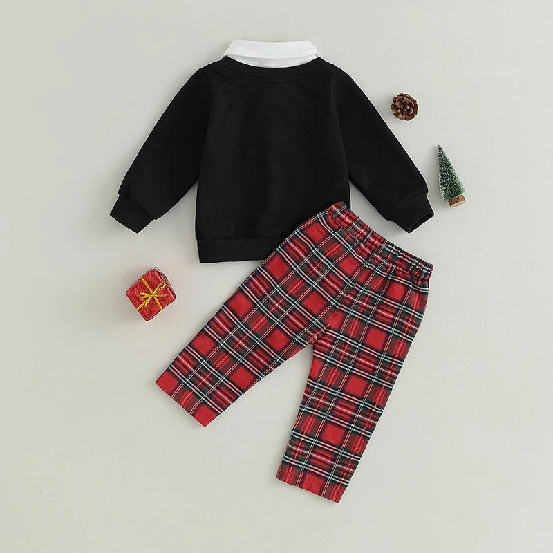 2Pcs Toddler Boys Girls Fall Clothes Christmas Outfits Long Sleeve Lapel Collar Patchwork Sweatshirts Plaid Pants Clothes Set