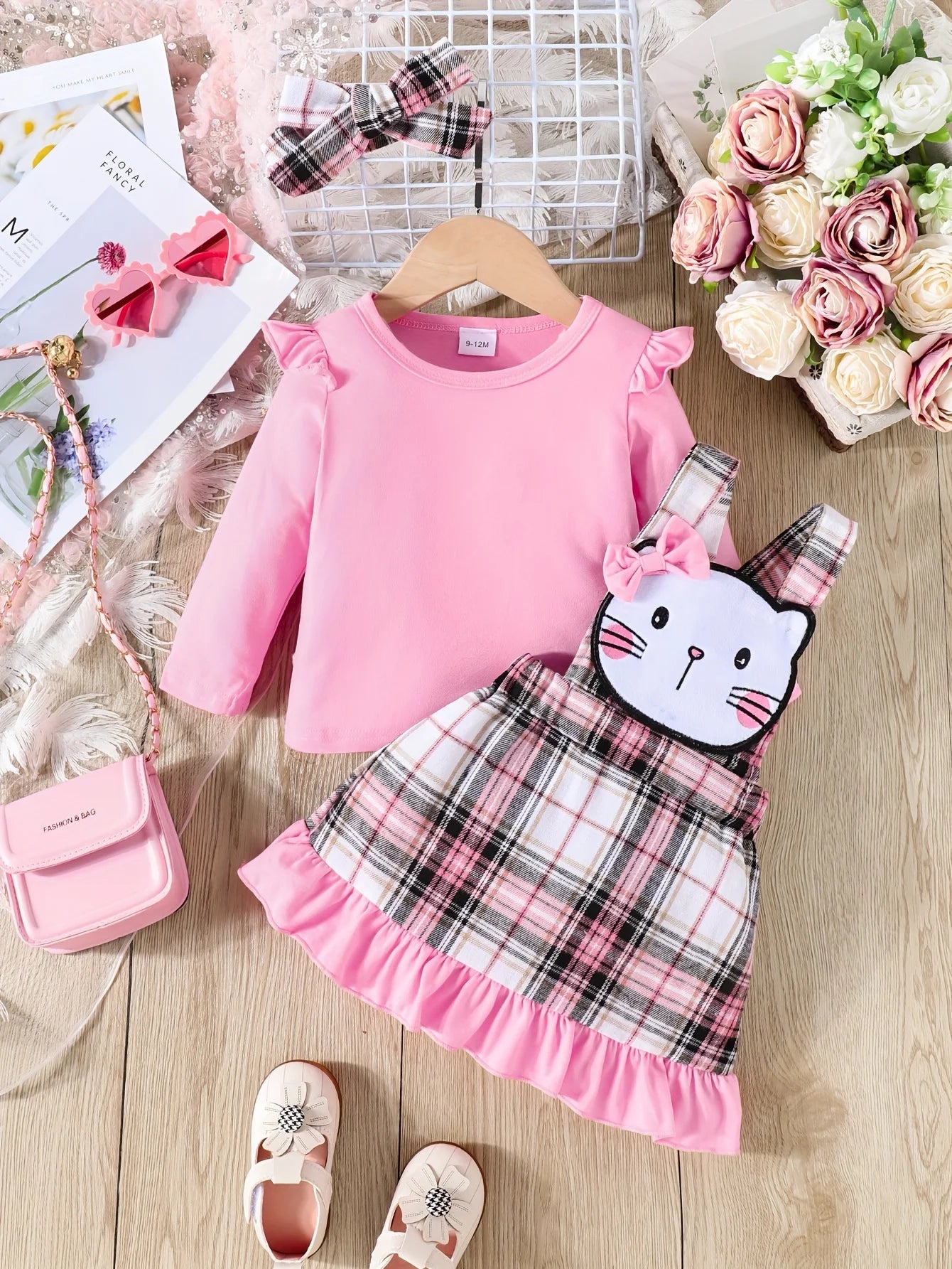 Spring and Autumn Plaid Baby Girl Long Sleeve Dress 2pcs