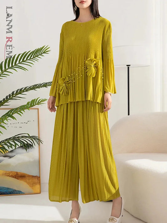 Pleated 2 Pieces Set Women's Spliced Flower Round Neck Long Sleeves Tops High Waist Wide Leg Pants