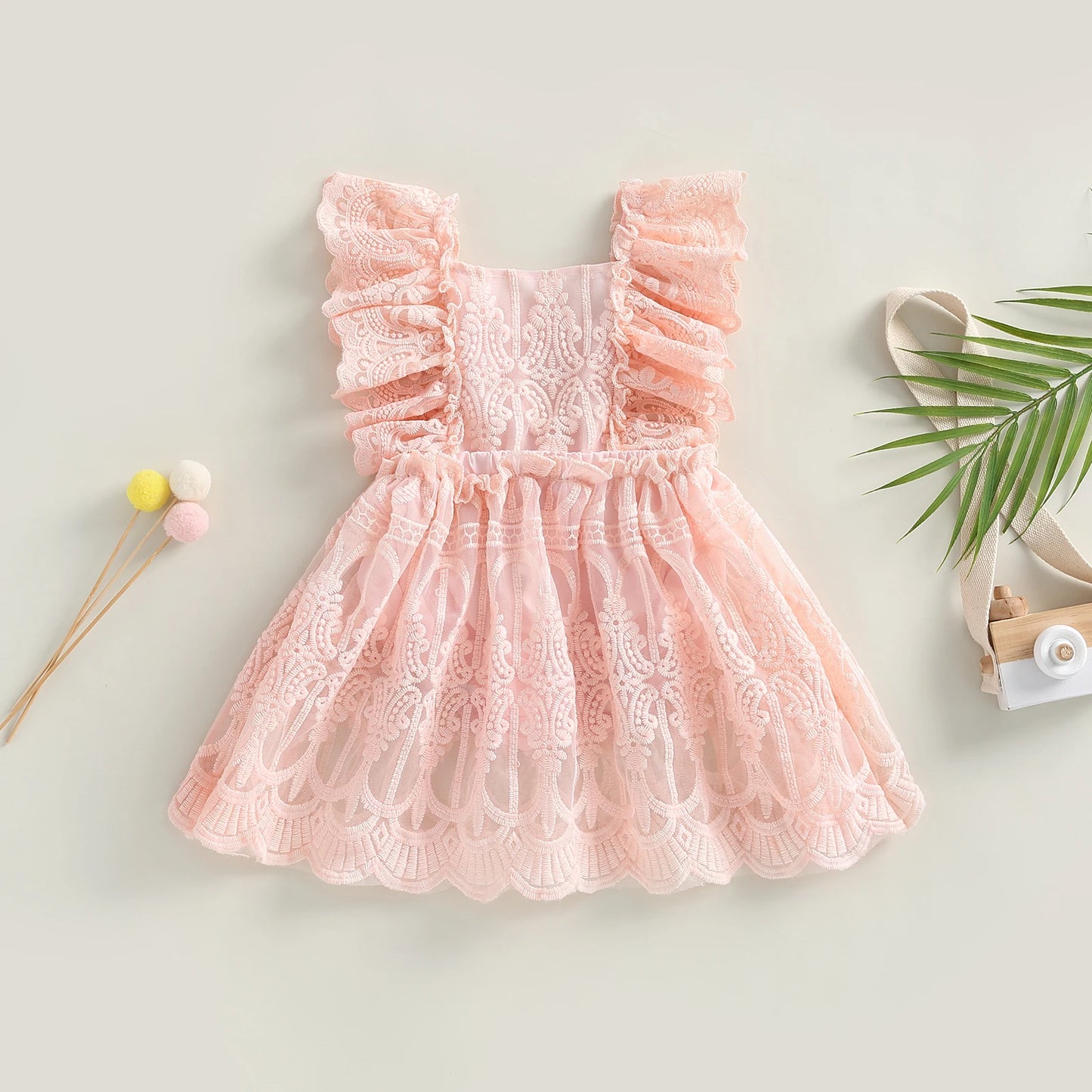 Pudcoco Infant Newborn Baby Girl Summer Lace Romper, Ruffle Sleeve Backless Solid Color Infant Romper Dress 0-24M