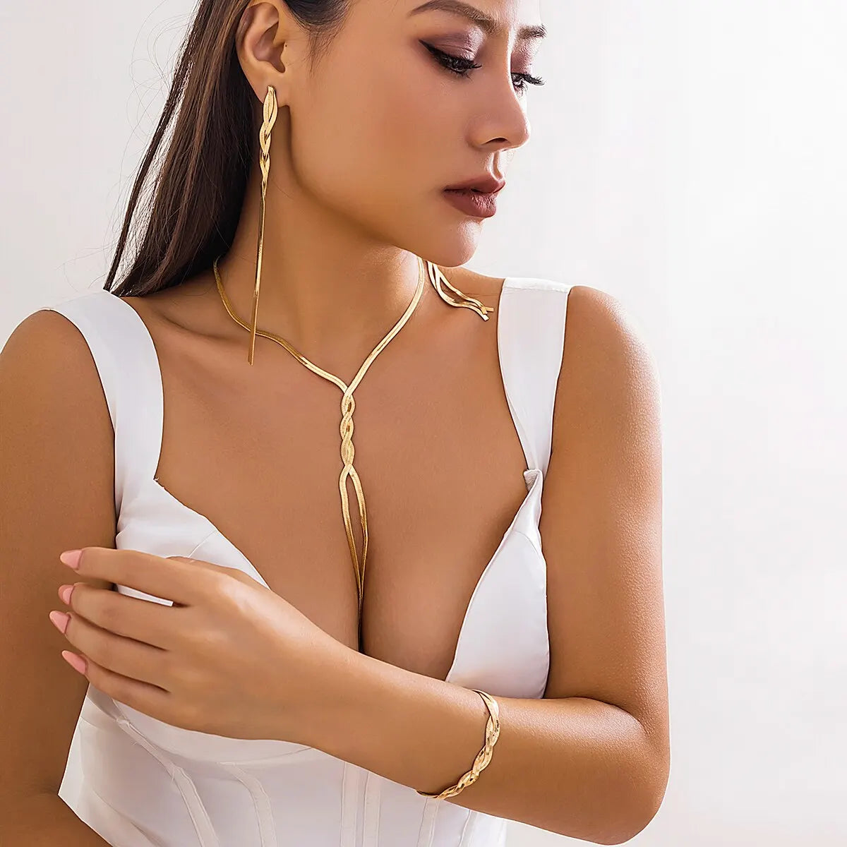 3Pcs Necklace Bracelet Earring Set Gold Tassel Chain Women Gift