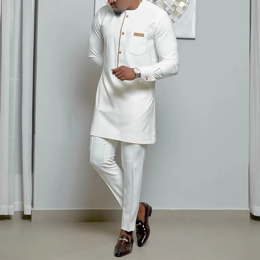 Men's Elegant Long Sleeve Suit Shirt Pants 2-piece Solid Color Party Long Sleeve African Ethnic Style-men suit-Top Super Deals-As Picture 14-M-Free Item Online