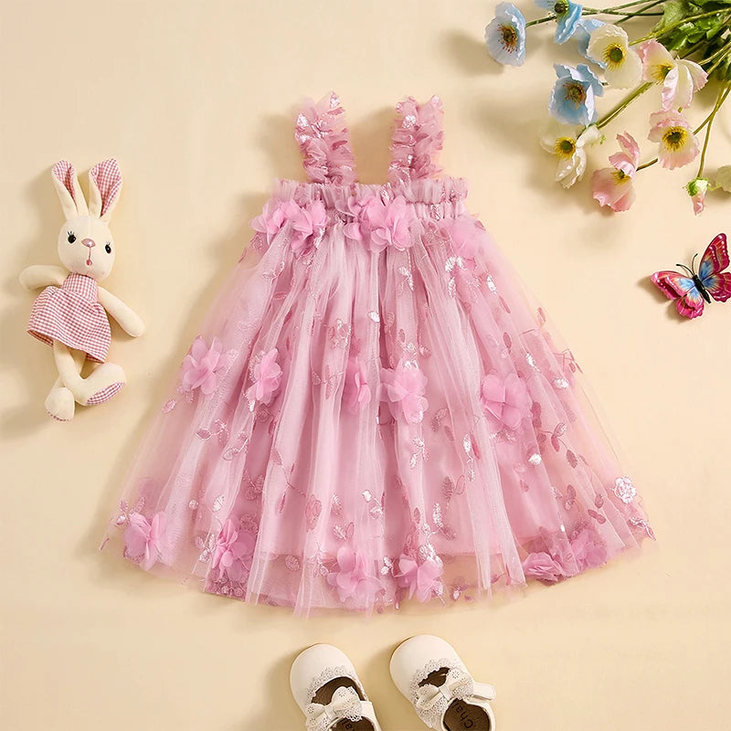 Princess Children Girls Summer Casual Dresses 3D Flower Embroidery Sleeveless Mesh Birthday Party Tulle Dress Clothes