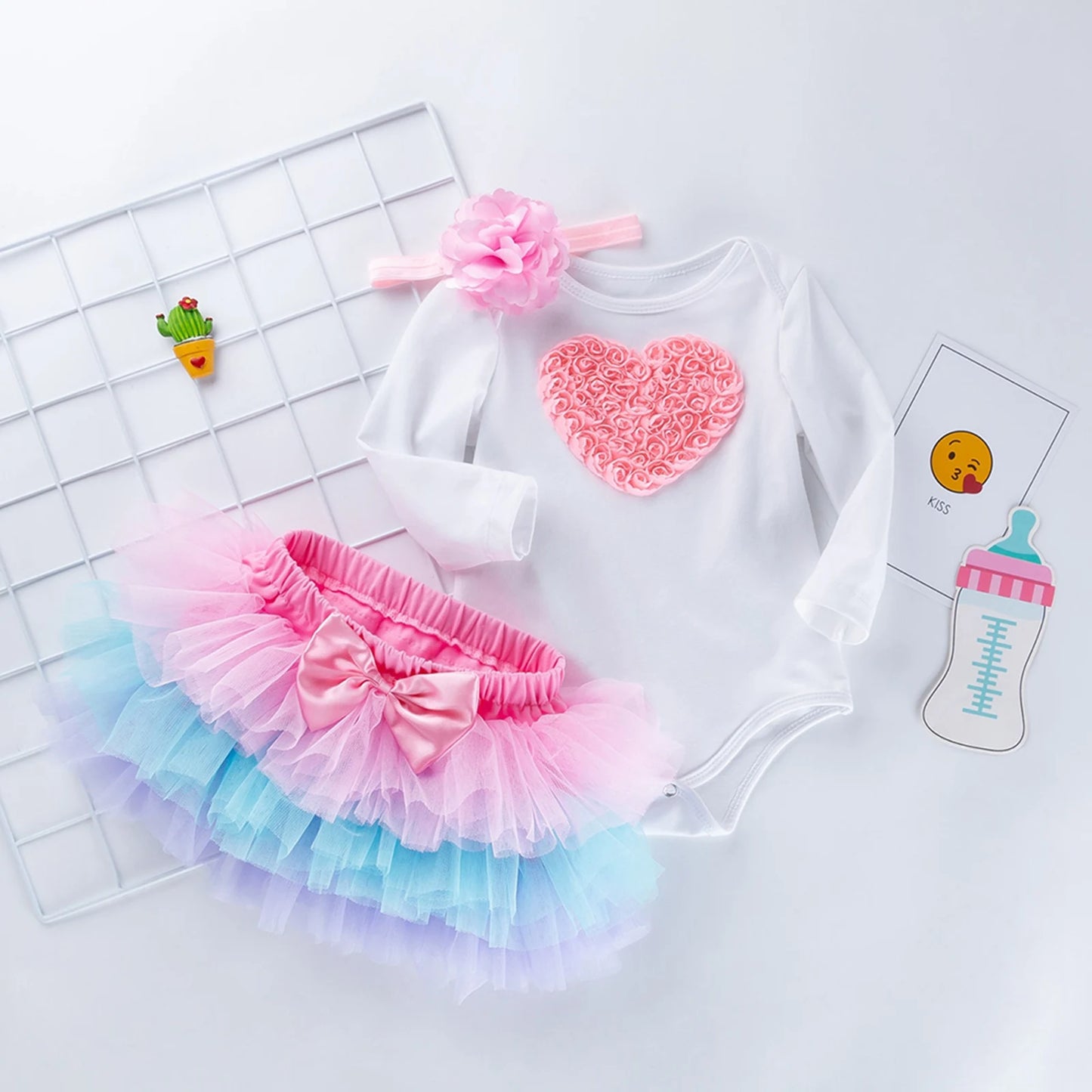 3Pcs Baby Clothes Birthday Outfits 3D Number/Heart O-Neck Long Sleeves Romper + Tutu Skirt + Headband for Girls  0-24 Months