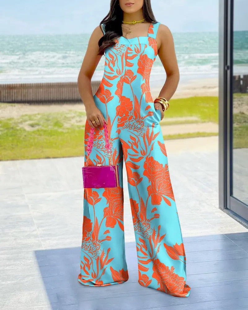 Sexy Jumpsuits 2023 Summer Fashion Print Hollow Temperament Casual Female Wide Leg Jumpsuit S-XXXL