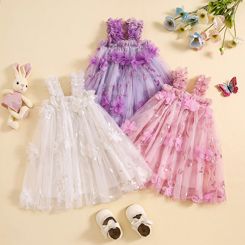 Princess Children Girls Summer Casual Dresses 3D Flower Embroidery Sleeveless Mesh Birthday Party Tulle Dress Clothes