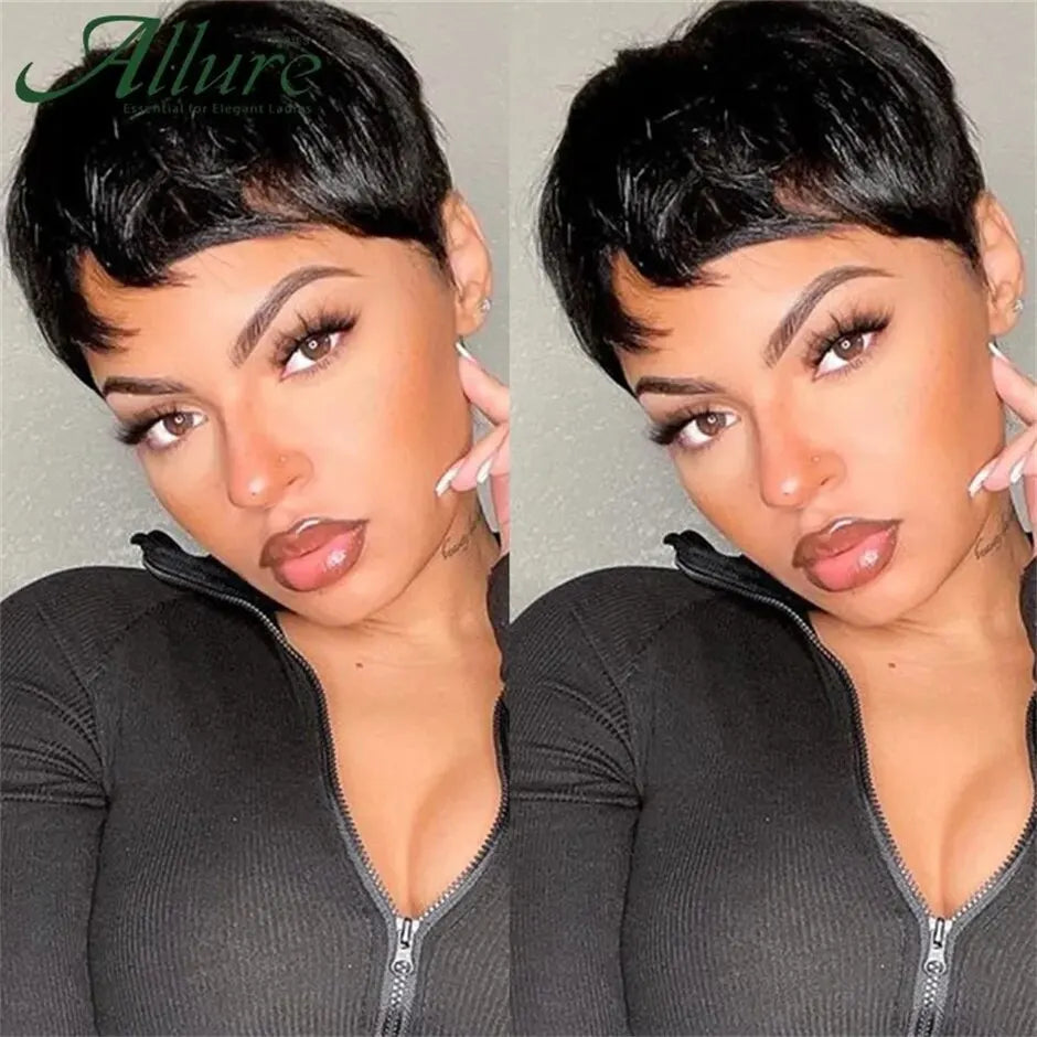 Natural Short Bob Pixie Cut Wigs Short Straight Black Color Bob Pixie Cut Wavy Human Hair Wig With Bangs For Black Women Remy