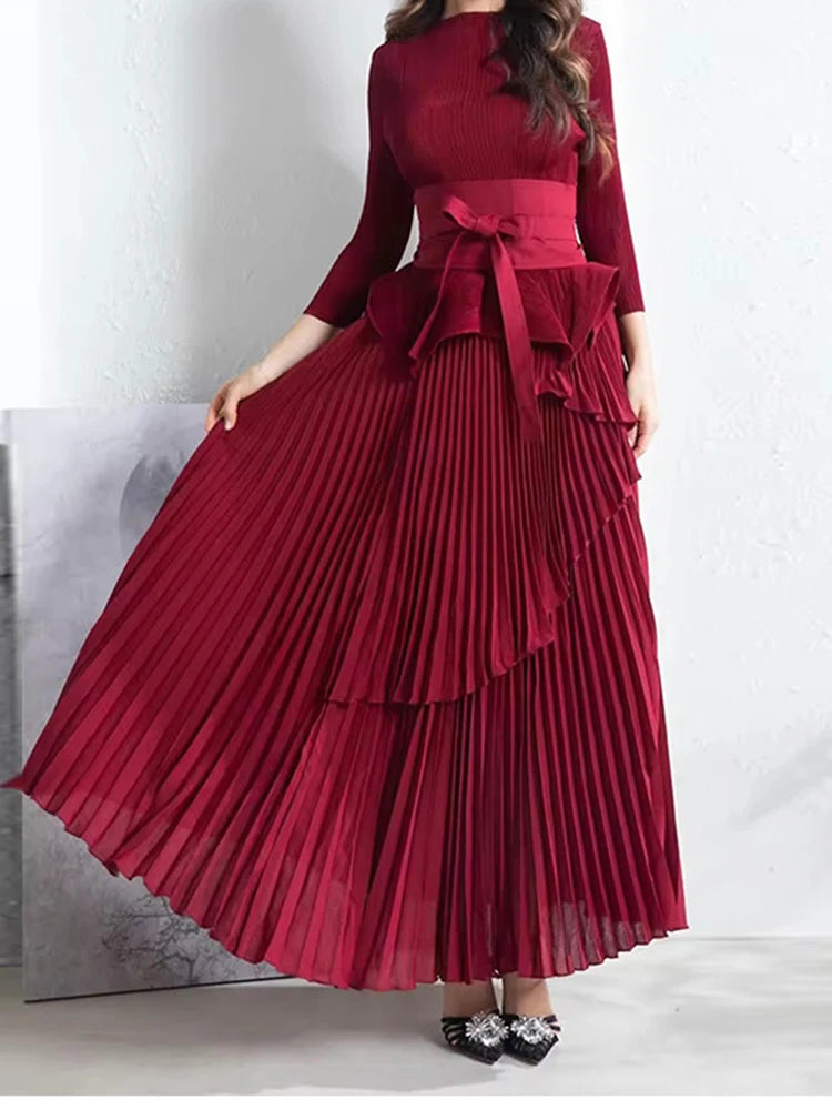 Women Turtleneck Lace-up Gathered Waist Tops With Irregular Lantern Skirt