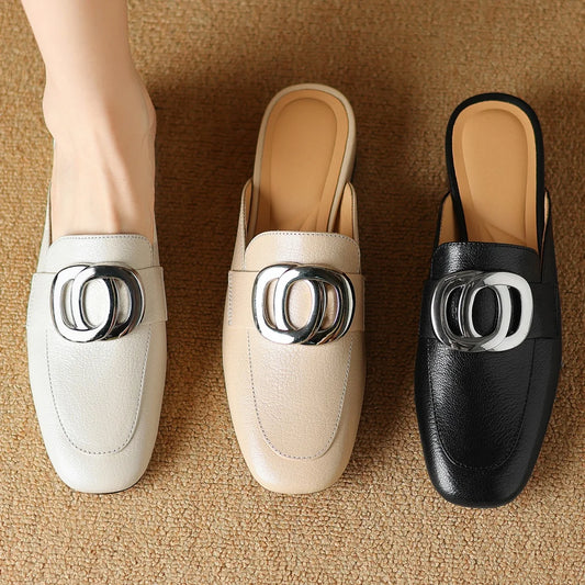 Plus size 34-41 women's genuine leather square toe slip-on flats summer mules metal buckle decoration casual female sandals shoe