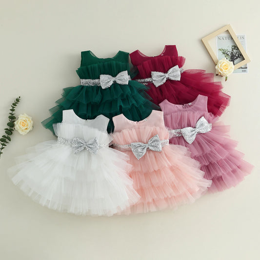 Pudcoco Kids Baby Girls Ball Gown Sleeveless Bow Mesh Tulle Tutu Princess Dresses Formal Party Dress for Birthday Wedding 1-5T