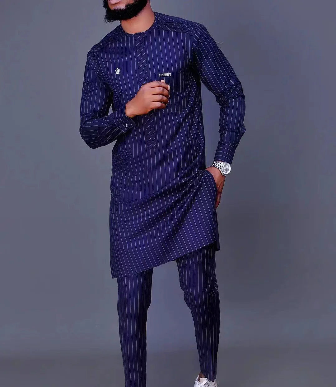 Men's Elegant Long Sleeve Suit Shirt Pants 2-piece Solid Color Party Long Sleeve African Ethnic Style-men suit-Top Super Deals-As Picture 20-M-Free Item Online