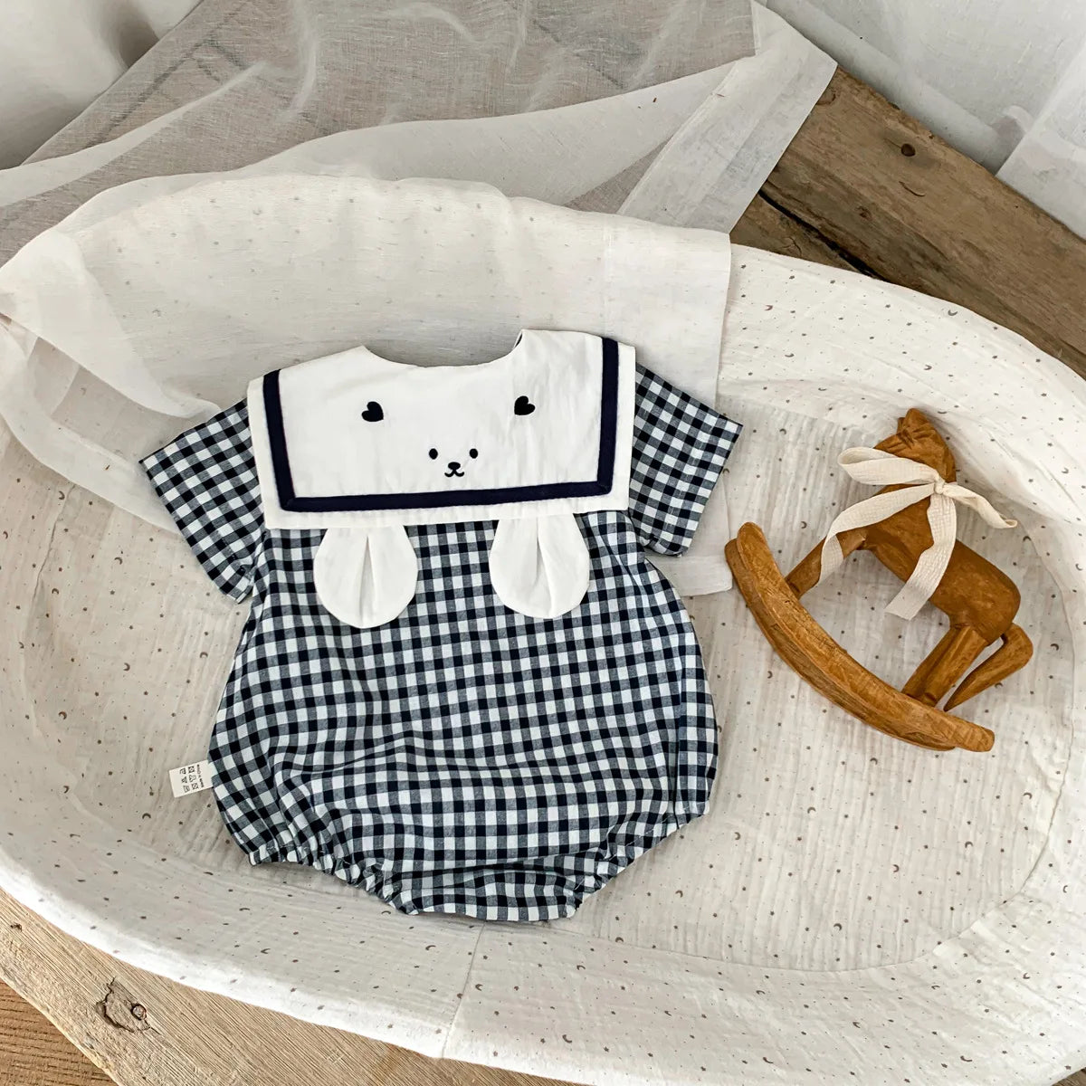 Summer New In Infant Baby Girls Short Sleeve Plaid Bear Outwear Kids Cotton Clothing One-pieces Newborn Cute Bodysuits 유아복