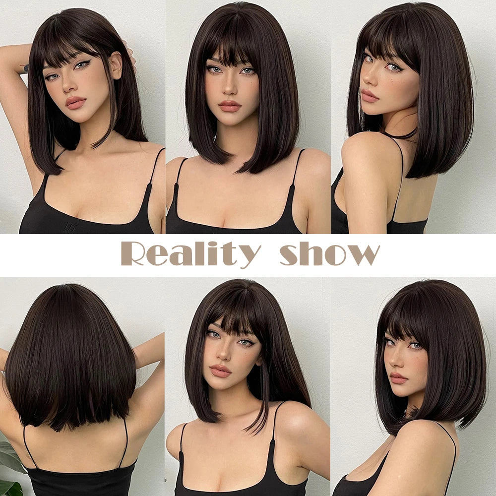 Short Black Brown Synthetic Natural Hair Wigs for Women Bob Straight Wig with Bangs High Temperature Daily Cosplay Party Wigs