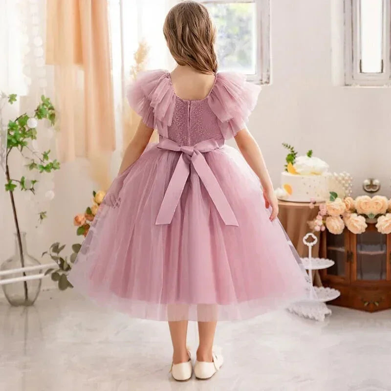 Ruffles Elegant Wedding Party Dress for Kids Girl Lace Flower Princess Dress for Girls Birthday Party Gown Holiday Kid's Dress