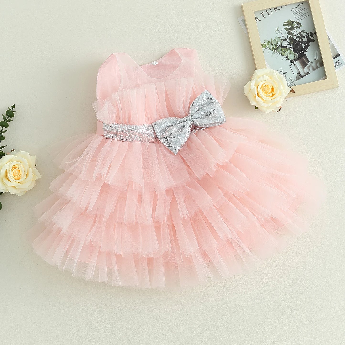 Pudcoco Kids Baby Girls Ball Gown Sleeveless Bow Mesh Tulle Tutu Princess Dresses Formal Party Dress for Birthday Wedding 1-5T