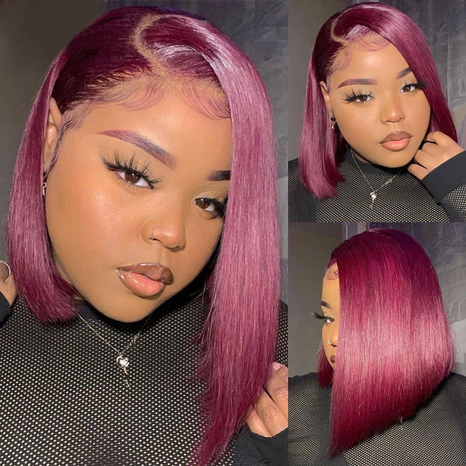 Straight Short Bob Human Hair Wig For Women Blunt Cut Bone Straight Lace Frontal Wigs Burgundy 99J Lace Front Bob Wig Straight