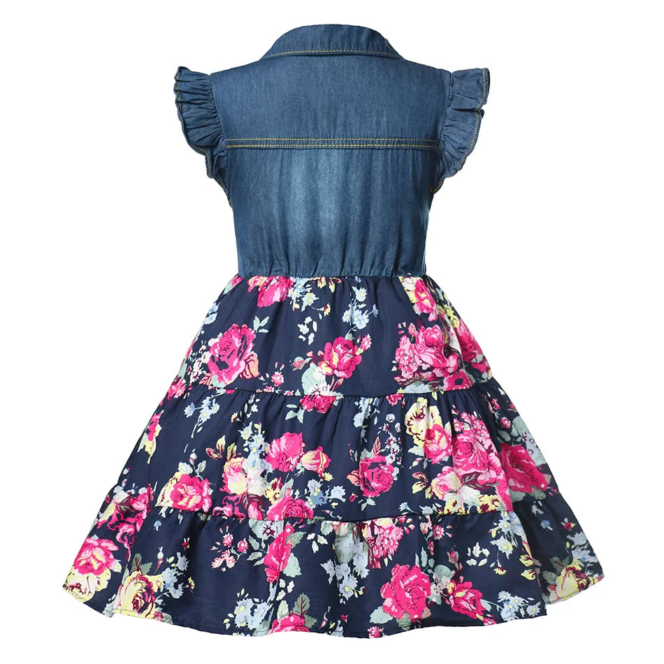 Summer Girls Denim Floral Dress Short Sleeve Casual Clothes