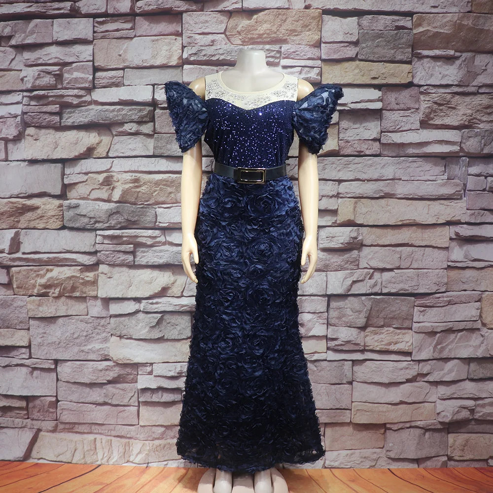 woman Mesh dress rhinestone sequin belt elegant evening gown