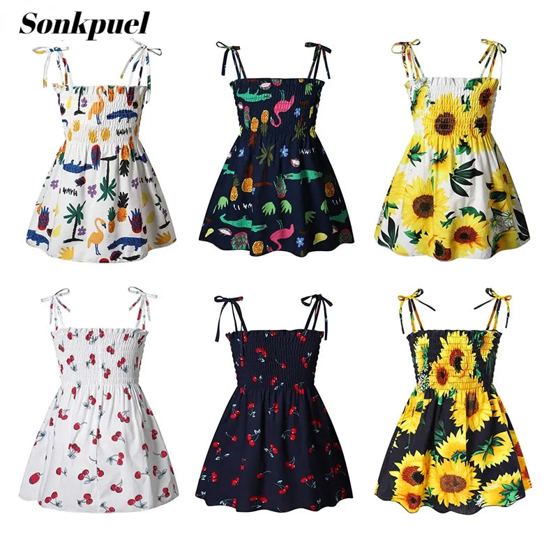 Girls Sleeveless Flower Sundress Summer Beach Strap Princess Dress Cotton Children Clothes girls Casual Dresses