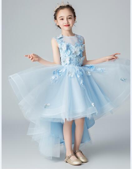 Sky Blue Tulle Girls Party Dress Appliques Flower Girl Dress For Wedding Kids Pageant Costume Princess First Communion Dresses