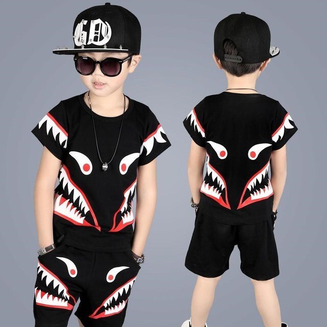 Summer Boys Clothes Sets T-Shirt + Pants Hip Hop Set Streetwear Baby Kids Tracksuit Children Clothing Suits 4 6 8 10 12 Years