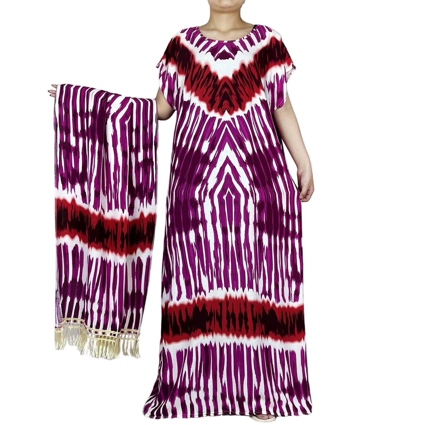 African Tie-Dye Dashiki Abaya Dress with Scarf