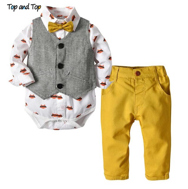 Top and Top Autumn Fashion infant clothing Baby Suit Baby Boys Clothes Gentleman Bow Tie Rompers + Vest + pants Baby Set