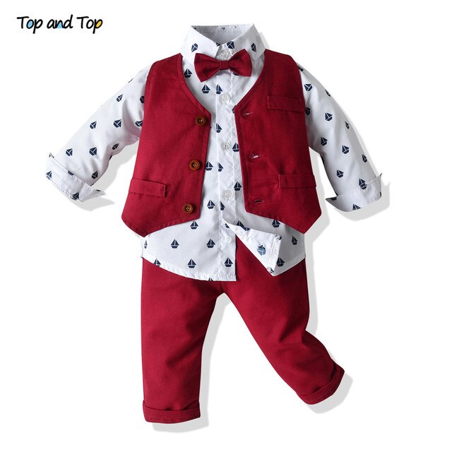 Top and Top Autumn Fashion infant clothing Baby Suit Baby Boys Clothes Gentleman Bow Tie Rompers + Vest + pants Baby Set