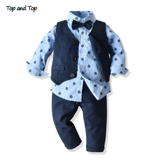 Top and Top Autumn Fashion infant clothing Baby Suit Baby Boys Clothes Gentleman Bow Tie Rompers + Vest + pants Baby Set