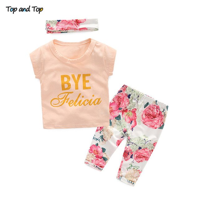 Top and Top Fashion Cute Toddler Girls Clothing Set Short Sleeve T-shirt+Trousers+Headband Baby Girl Summer Clothes