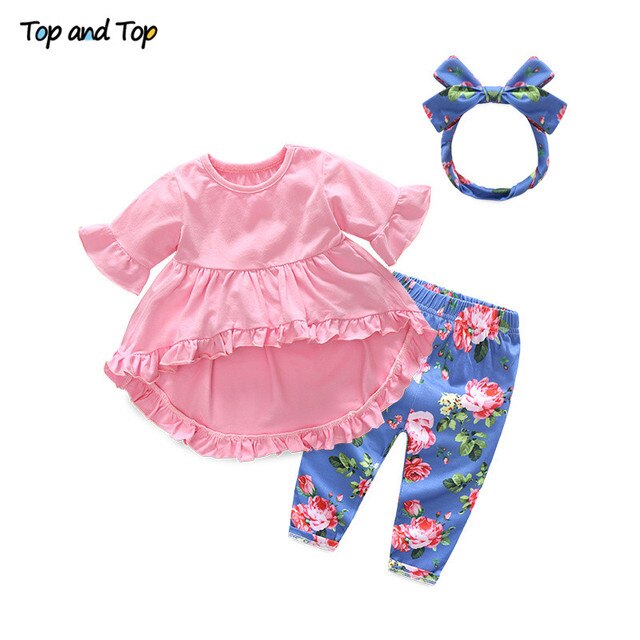 Top and Top Fashion Cute Toddler Girls Clothing Set Short Sleeve T-shirt+Trousers+Headband Baby Girl Summer Clothes