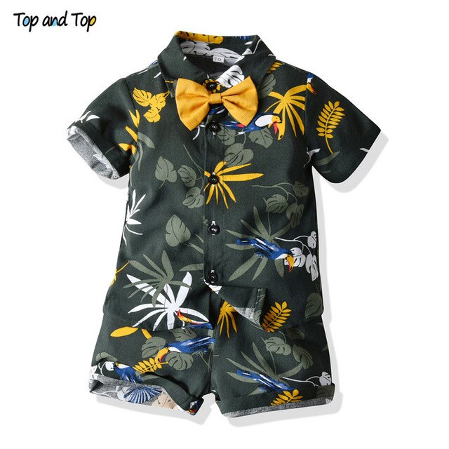 Top and Top Hawai Boy Clothing Set Summer Fashion Floral Short Sleeve Bowtie Shirt+Shorts Boy Casual Clothes Gentleman 2Pcs Suit