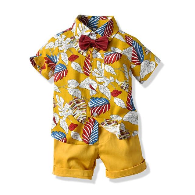 Top and Top Hawai Boy Clothing Set Summer Fashion Floral Short Sleeve Bowtie Shirt+Shorts Boy Casual Clothes Gentleman 2Pcs Suit