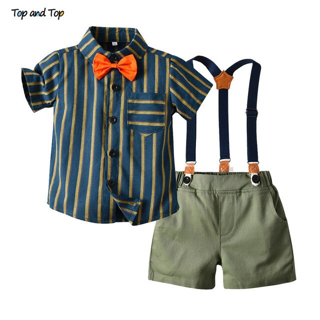 Top and Top Little Boys Gentleman Clothing Set Fashion Kids Boys Casual Short Sleeve Bow Tie Shirt+Overalls Formal Suits