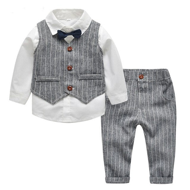 Top and Top Spring&Autumn Baby Boy Gentleman Suit White Shirt with Bow Tie+Striped Vest+Trousers 3Pcs Formal Kids Clothes Set