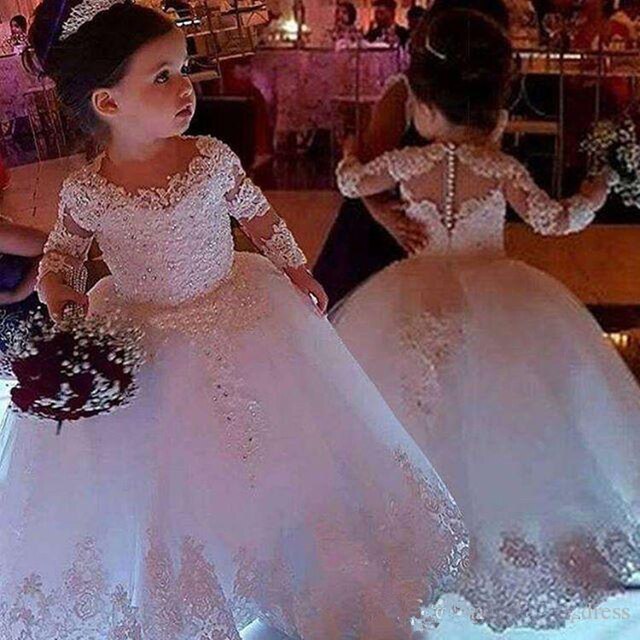 White Flower Girl Dresses for Weddings Tulle Princess Lace Half Sleeve Holy First Communion Gowns Party Pageant Clothes For Kids