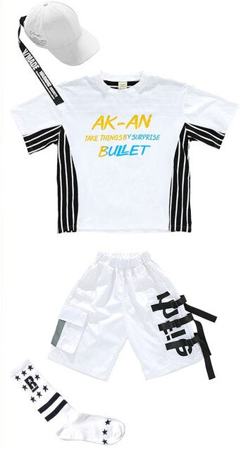 White Jazz Dance Costume Kids Hip Hop Practice Wear Street Dance Printing Stage Performance Clothing Hiphop Rave Clothes DC4946