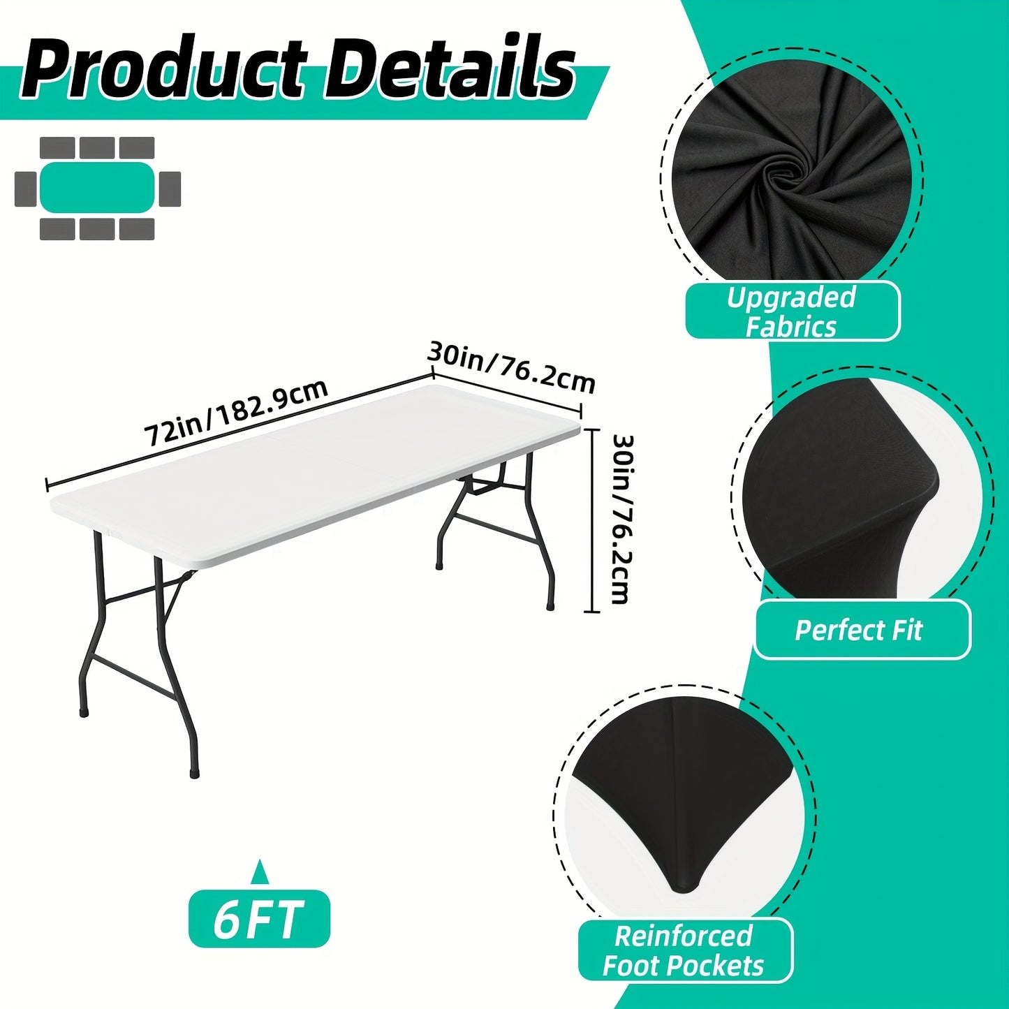 TOMNK 3pcs Black/white Table Cloths Rectangle 4ft/6ft/8ft, Tablecloths Rectangular Stretch Spandex Fitted Table Covers, Trade Shows, Banquet, Weddings, Buffet, Graduation Decorations