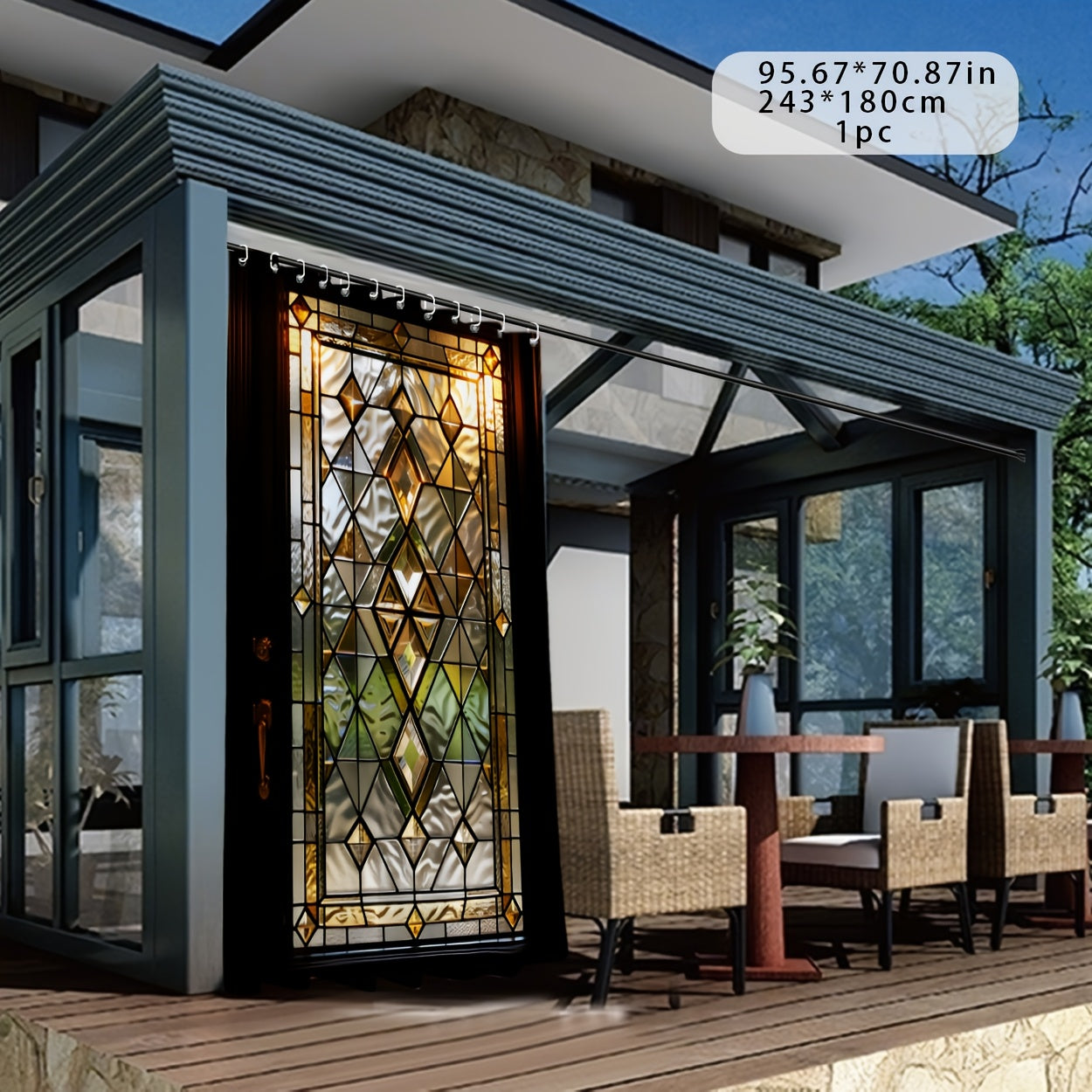 Outdoor Curtain, Semi-transparent Glass Door Print Pattern 2D, Machine Washable Suitable for Patio, Pavilion, Courtyard, Garden, Bathroom, All Seasons with Hook, 1pc/2pcs Sunshade Curtain, Toilet Cover, Bathroom Accessories,