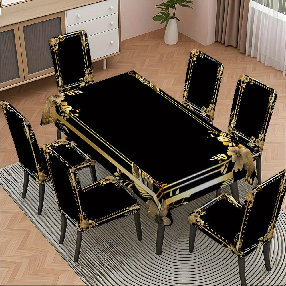 5pcs/ 7pcs Black Background Golden Frame Pattern Tablecloth And Chair Cover Set, 5pieces (1Tablecloth 4Chair Covers), 7pieces (1Tablecloth 6Chair Covers), Non-Slip Tablecloth Chair Cover, Suitable for Family Gatherings, Festi