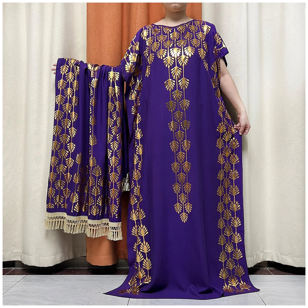 Women Dubai Print Caftan Dress with Headscarf