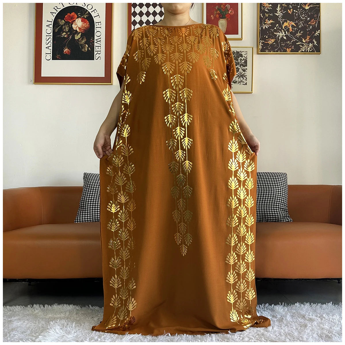 Women Dubai Print Caftan Dress with Headscarf