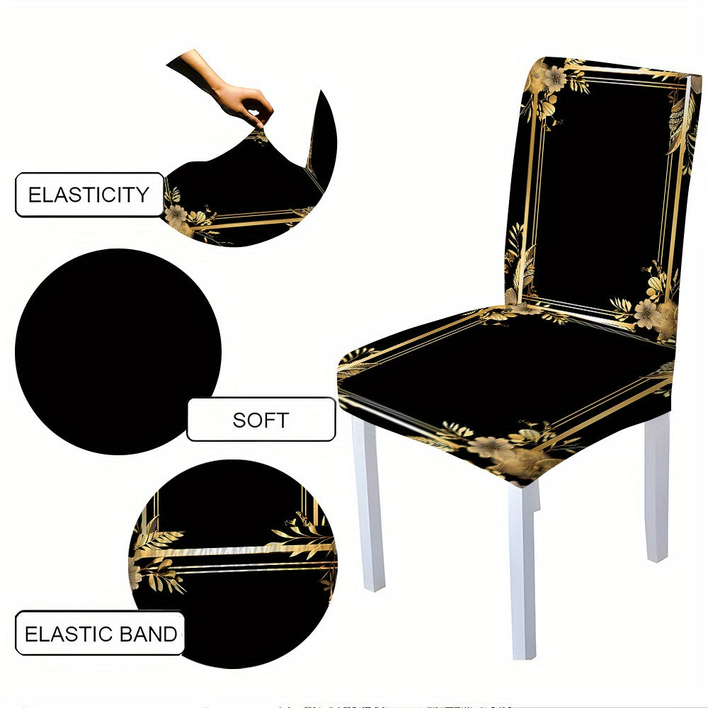 5pcs/ 7pcs Black Background Golden Frame Pattern Tablecloth And Chair Cover Set, 5pieces (1Tablecloth 4Chair Covers), 7pieces (1Tablecloth 6Chair Covers), Non-Slip Tablecloth Chair Cover, Suitable for Family Gatherings, Festi