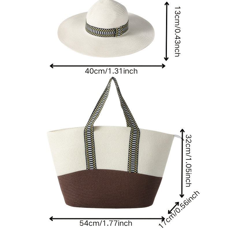 Summer Travel Set: 2pcs Wide Brim Straw Hat And Large Capacity Beach Bag with Zipper Closure, Perfect for Summer Outdoor Adventures, Camping, And Beach Vacation