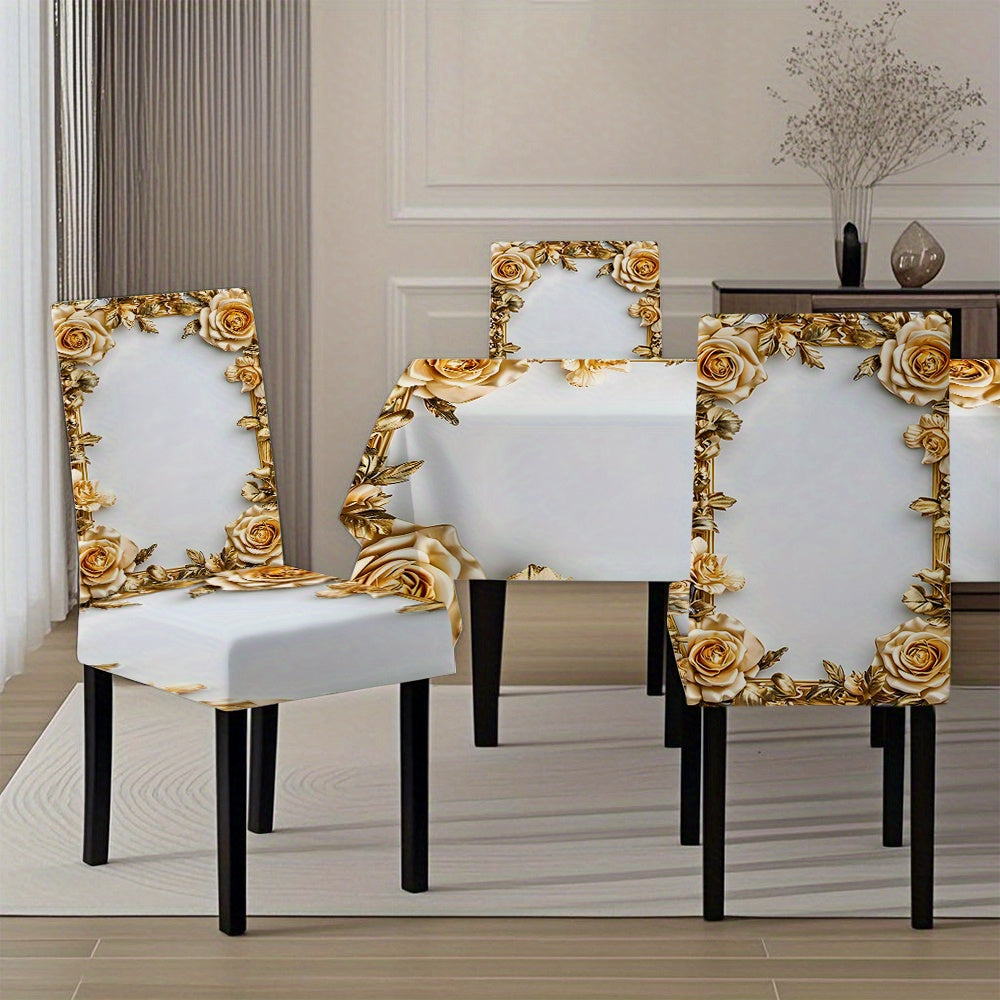 5pcs/ 7pcs luxury Golden flower pattern tablecloth and chair cover set, 5pcs (1 tablecloth 4 chair covers), 7pcs (1 tablecloth 6 chair covers), non-slip tablecloth chair cover, suitable for family gatherings, festive table an