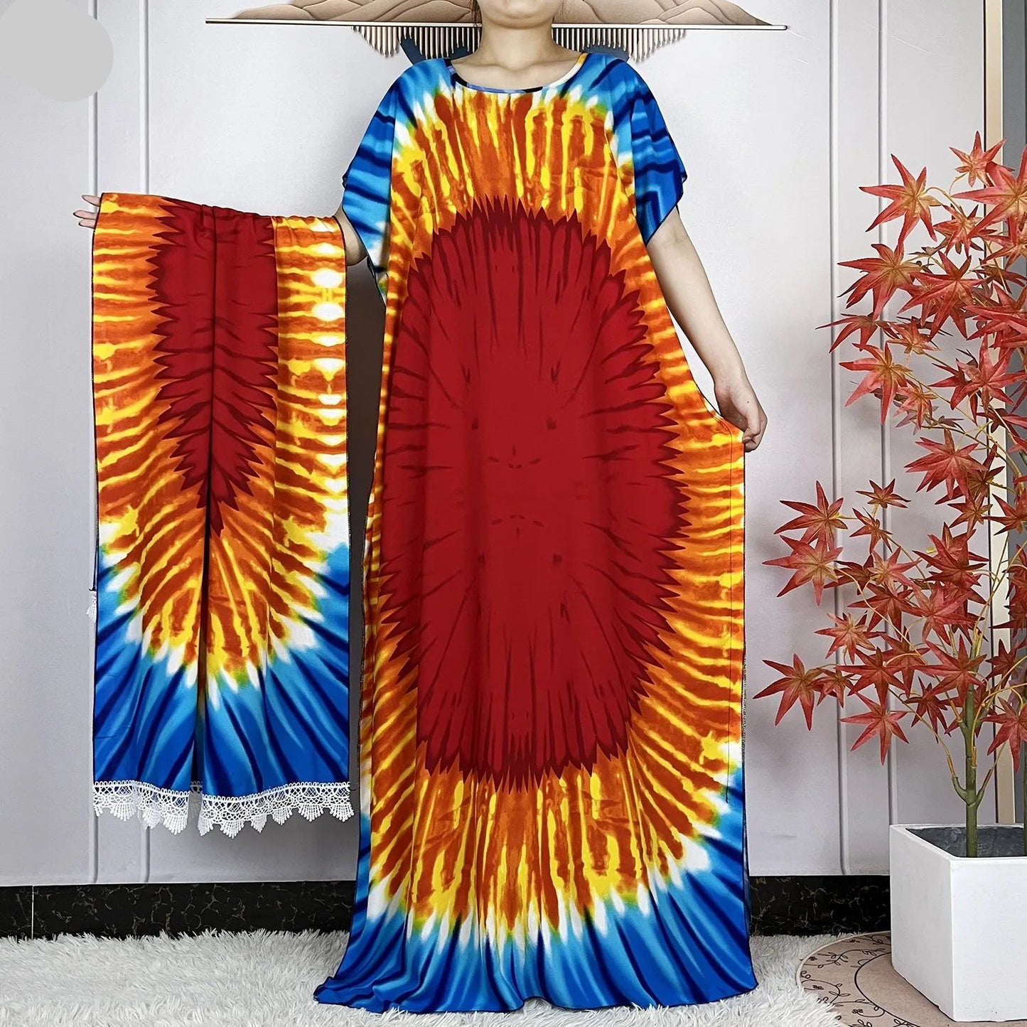 Elegant Loose fit Printed Caftan Dress with scarf